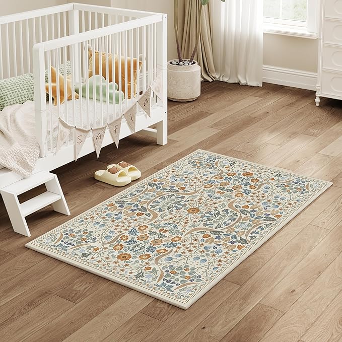 3x5 Floral Washable Area Rug for Kitchen, Non-Slip Soft Vintage Boho Carpet, Botanical Forest Beige Small Low Pile Rugs for Bedroom, Entryway, Home Office, Dorm, Beige