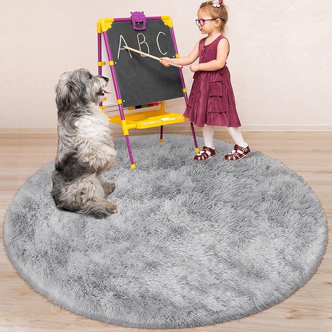 5 ft Round Fluffy Grey Rug for Bedroom,Tie Dyed Furry Round Carpet Non Slip Gray Fuzzy Shaggy Plush Circle Area Rug for Living Room Teen Room Nursery Room Playroom Kids Room Home Decor Washable