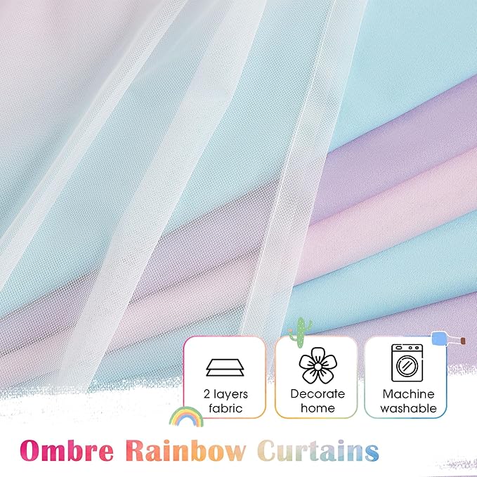 100% Blackout Curtains with Sheer Overlay Mix and Match Double Layer Drapes 84 Inch Long 2 Panels for Room Bedroom Ombre Rainbow Grommet Window Treatment with Tiebacks