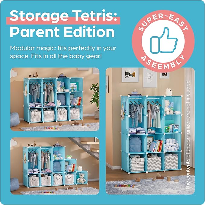 Baby Closet Organizer for Nursery - Durable Baby Wardrobe Armoire for Closet - Customizable Dresser Shelves - Waterproof Shelf Clothes Organizer w/Wall Fixation (Blue)