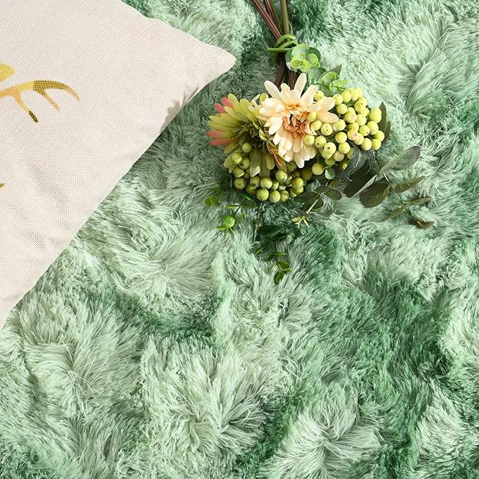 DweIke Fluffy Sage Green Shag Rugs for Bedroom Living Room, 8x10 Large Soft Plush Tie-Dyed Light Mint Green Girls Boys Kids Rug, Non-Slip and Machine Washable Carpet for Dorm Nursery Classroom Decor