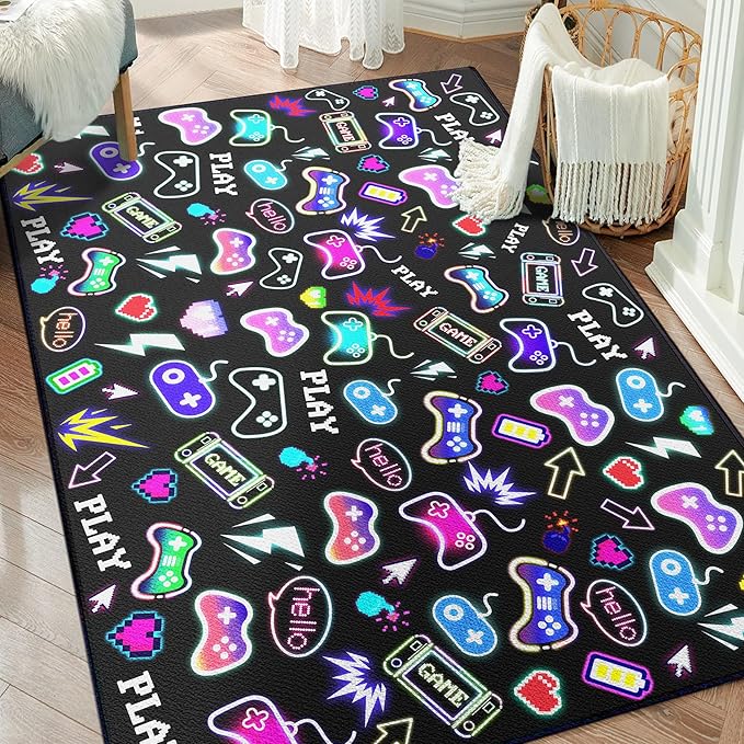 59"x39" Gaming Play Rug for Bedroom, Gaming Controller Mat Gamepad for Playroom, Gamer Décor for Game Lover Washable Carpet,Black