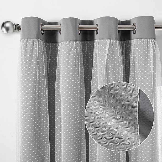 MYSKY HOME 70% Blackout Curtains for Girls Bedroom & Nursery Kids Grey Cute Curtains Double Layer with Polka Dots Sheer, Grommet Tops, 52x84 Inch Each Panel, 2 Panels