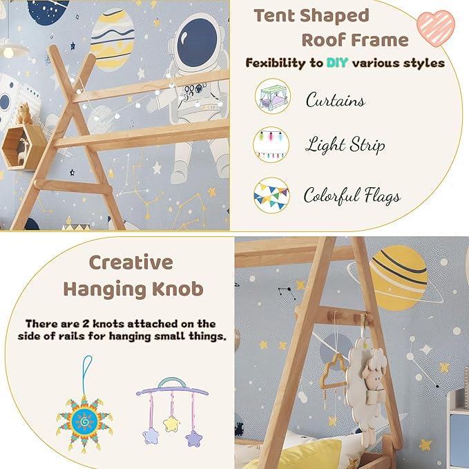 Twin House Bed with Light,Wood Twin Montessori FloorBed with Rails & Roof,Teepee Bed for Kids Boys Girls,with Slats Support,No Box Spring Needed, Natural