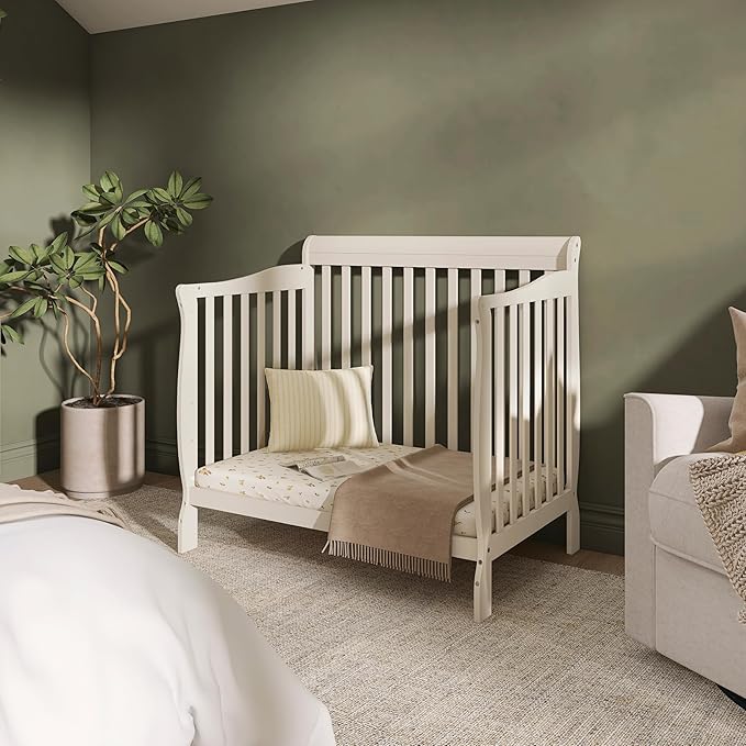 Dream On Me Aden 4-in-1 Convertible Mini Baby Crib French White, GreenGuard Gold & JPMA, Sustainable Pinewood, Non-Toxic Finish, 3 Mattress Heights, Converts to Mini Day & Twin-Size Bed
