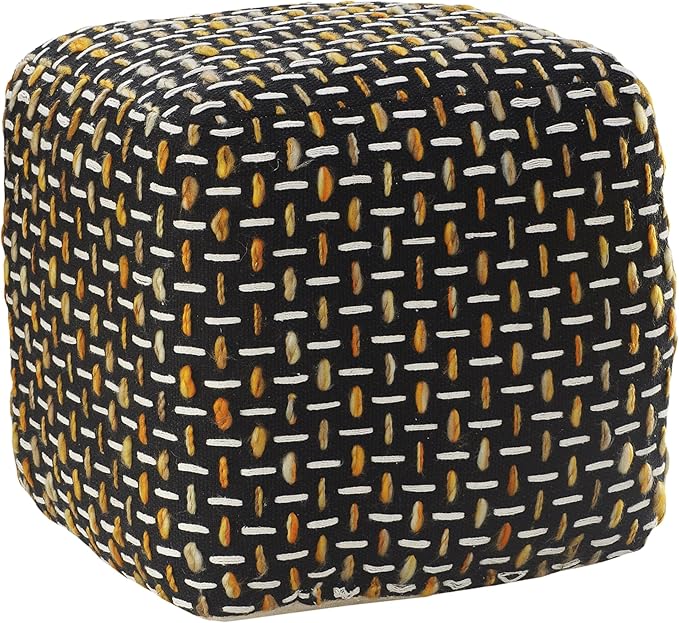 L. R. Resources, Inc. LR Home Hand-Woven Black/Gold/White Geometric Square Ottoman Pouf for Home Decor | Lightweight Foot Rest for Bedroom & Living Room | 16 x 16 x 16 Stuffed Ottoman for Seating