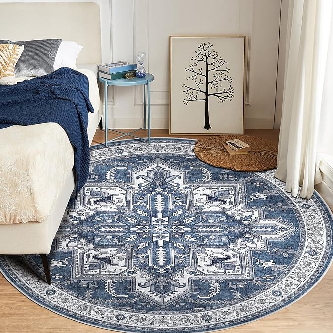 WITSHOCK Living Room Area Rugs 8Ft: Washable Rug Boho Soft Non-Slip Low Pile Stain Resistant Foldable Carpet for Bedroom Playroom Dining Room Office Kitchen Farmhouse Home Decor Rug-Blue