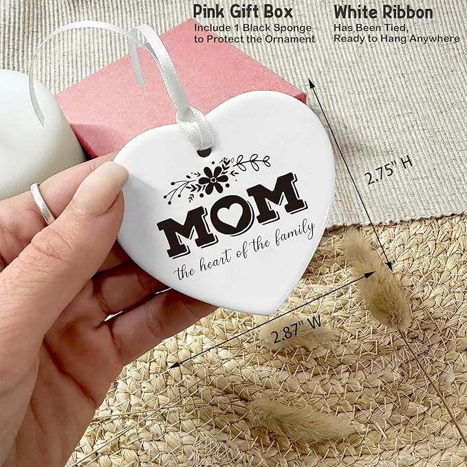 Heart Shaped Christmas Ornament-Mother’s Day Birthday Thanksgiving New Year Gift for Mom Life Appreciation Present-Mom The Heart of The Family Thank You Mommy Ceramic Keepsake Decor