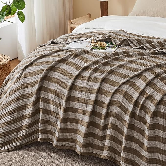 EMME Cotton Muslin King Blanket Bed Layering Bedspread Coverlet Breathable Gauze Soft Lightweight (Striped Brown, 108"x90")