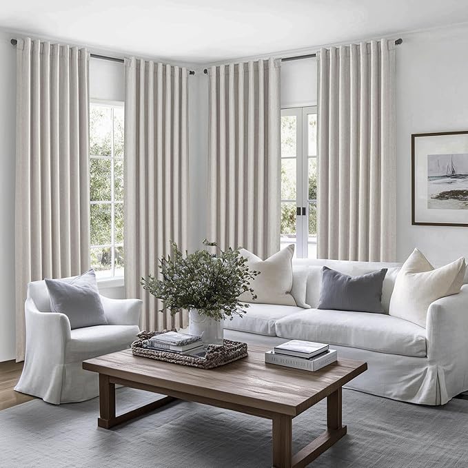 Grey Beige Thick Linen Blackout Curtains 90 Inches Long for Bedroom/Dining Room 2 Panels Set, Pleated Curtain with Pin Hooks Neutral Melange Energy Efficient Drapes with White Backing (50"Wx90"L)