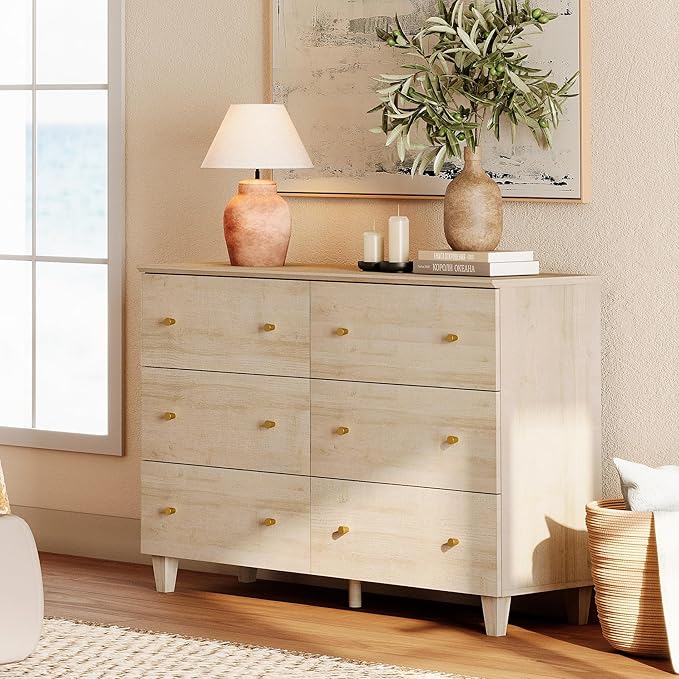WAMPAT Dresser with 6 Drawers for Bedroom, Wooden Kids Dressers with Wide Chest of Drawers, Modern Closet Storage Organizer with Solid Wood Legs for Living Room, Hallway, Nursery, Light Oak