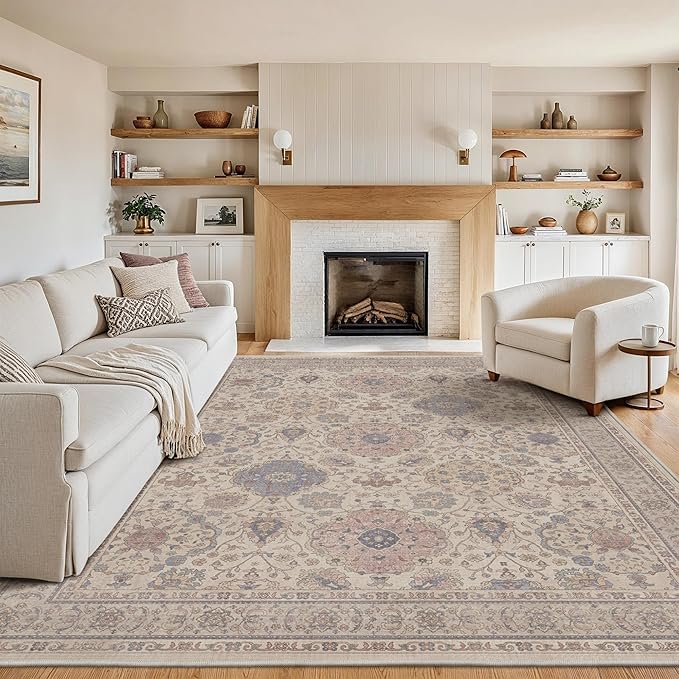 GENIMO Vintage Area Rug 8x10, Boho Living Room Rug with Non-Slip Backing, Machine Washable Low Pile Indoor Carpet for Bedroom, Dining Room, Nursery Room, Ivory Pink