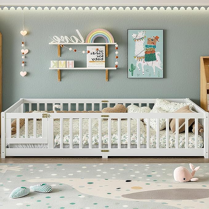 Bellemave Queen Floor Bed Frame with Rails and Door, Solid Wood Montessori Queen Size Floor Bed for Kids, Low Profile Montessori Beds with Removable Slats, White