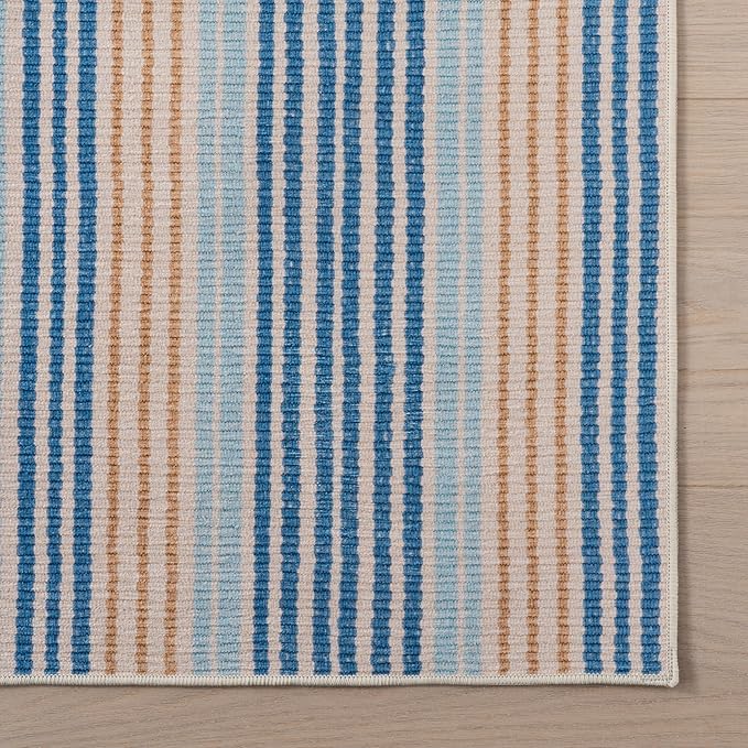 Dash & Albert Tyne Blue Machine Washable Rug, Runner-2.5 X 8 Feet, Blue/Tan Stripe Pattern
