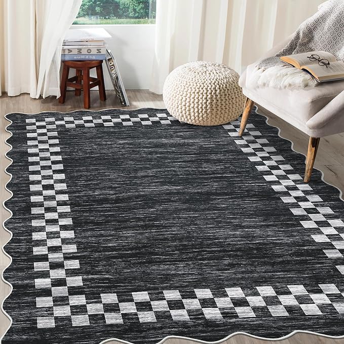 GarveeHome Scalloped Washable Rug 9x12 Area Rug for Living Room Modern Border Large Bedroom Throw Carpet with Rubber Backing Stain Resistant Boho Rug for Dining Room Home Decor Office, Grey