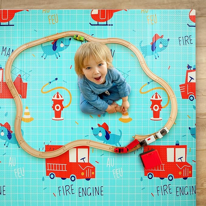 Bammax Extra Large 78" x 70" x 0.4" XPE Foam Baby Play Mat + Travel Bag | Waterproof, Reversible & Foldable Padded Playmat | Baby Crawling Mat & Kids Play Mat – Cars & Fire Engine
