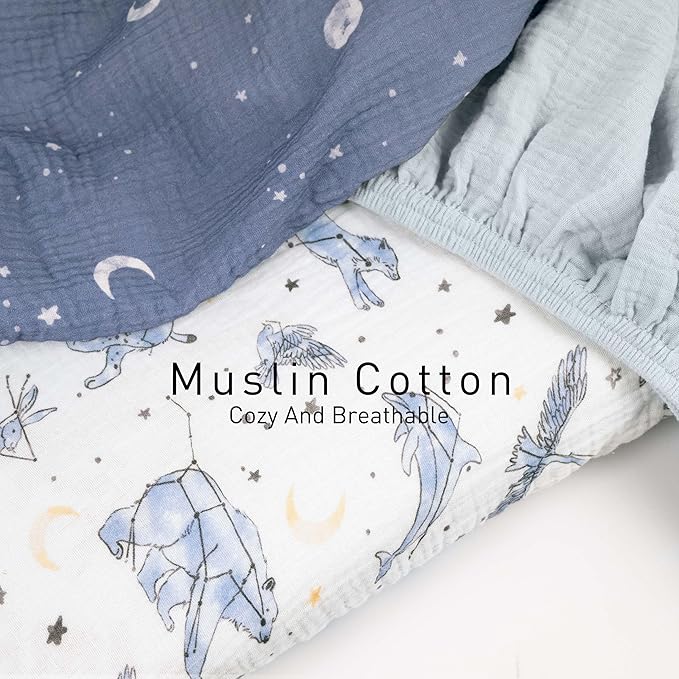 Gllquen Baby Muslin Bassinet Sheets 3 Pack, Breathable Elastic Cozy Fitted Cotton Bassinet Mattress Sheet for Baby Boy Girls, Fit for Hourglass Oval Rectangular Cradle Pad Sheets 33"x17" (Star)