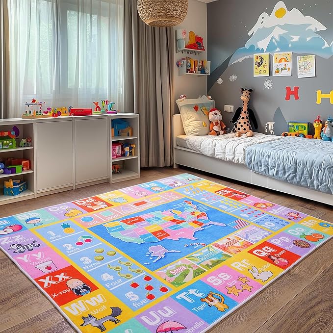 Kids Rugs for Playroom - Soft & Non-Slip 9x12 Feet Educational Rug for Learning ABC Alphabet, Numbers, Shapes & Map, Washable Classroom Rug for Toddler Nursery & Kids Room Decor