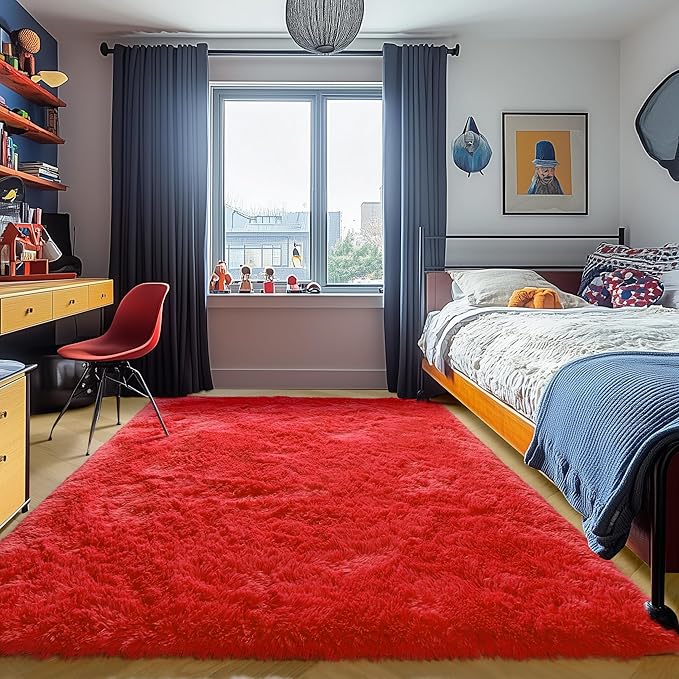 ONASAR Red Area Rugs for Bedroom Living Room, Washable Fluffy 4x6 Indoor Bedside Floor Throw Rug, Soft Plush Shaggy Carpet for Nursery Kids Girls Boys Teen Dorm Home Office Decor Aesthetic