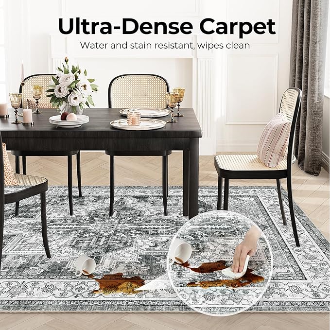 WITSHOCK Living Room Area Rugs 8x10: Washable Rug Boho Soft Non-Slip Low Pile Stain Resistant Foldable Carpet for Bedroom Playroom Dining Room Office Kitchen Farmhouse Home Decor Rug-Gray