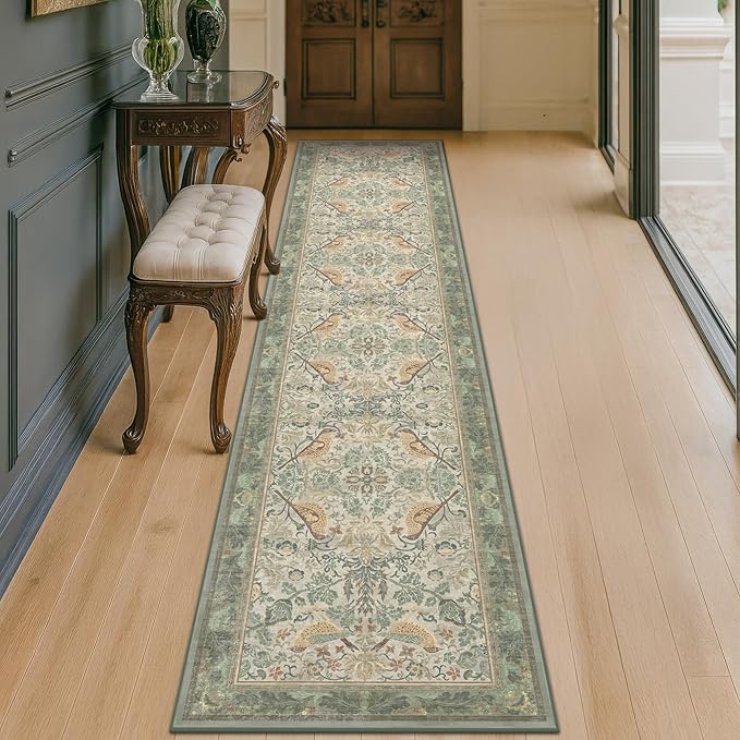 Vintage Sage Runner Rugs for Hallways - Light Green 2x10 Kitchen Runners, 10 ft Long Entryway Rug, Botanical Boho Pattern with Flowers and Leaves, Washable Non Slip Low Pile