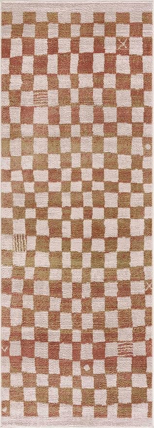 Hauteloom Pertek Modern Checkered Area Rug - Modern Geometric Carpet for Living Room, Kids Room, Nursery - Bohemian Boho Carpet - Cream, Beige, Light Red, Somon - 7'10" x 10'