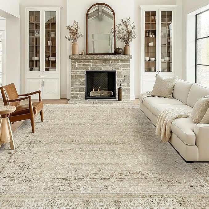 Boho Cream Area Rugs 6x9 for Bedroom Washable Floral Neutral Modern Rug for Living Room,Light Beige and Tan Brown