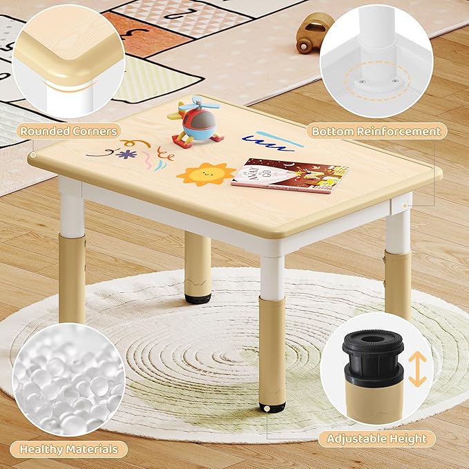 Kids Study Table and Chairs Set, Height Adjustable Toddler Table and Chair Set for Kids Ages 3-8, 31.5" L x 23.6" W Graffiti Desktop Plastic Children Art Table with 4 Seats, Brown
