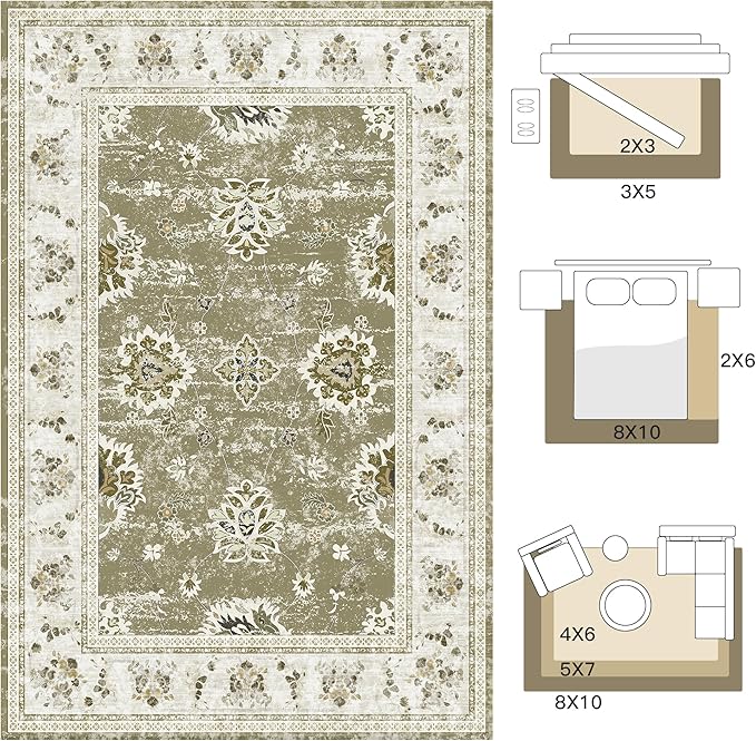 Tangsoo Floral Area Rug 8x10 Washable Vintage Carpet, Non-Slip Low Pile Large Rug for Living Room, Bedroom, Dining Room, Farmhouse, Kids Room Soft Distressed Boho Accent Rug for Home Décor