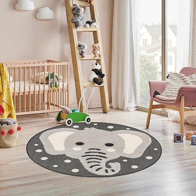 Hauteloom Kids Room, Nursery Round Area Rug - Outdoor Patio Safe - Animal Baby Elephant Playroom Carpet - Beige, Gray, Black, Cream - 7'10"