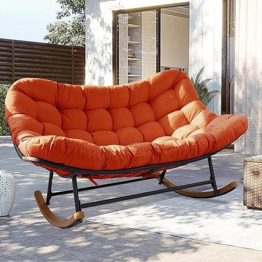 Double Papasan Rocking Chair Outdoor & Indoor, Oversized Rocking Reclining Loveseat with Thick Cushion and Frame, 660LBS Capacity Rocking Egg Chair for Patio Porch Living Room, Red