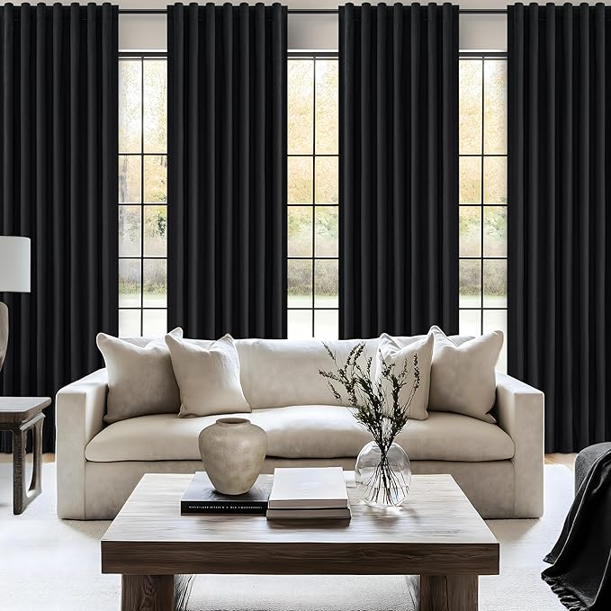 Black Blackout Curtains 95 Inches Long 2 Panel Set, Sun Blocking Curtains for Bedroom Modern Black Window Linen Drapes Thermal Insulated Pleated with Heading Tape Pin Hooks (W50 xL95)