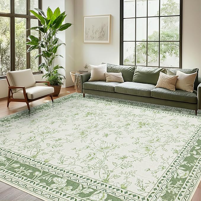 Green Boho 9x12 Rug Living Room Extra Large Washable Non Slip Soft Faux Wool Farmhouse Carpet for Bedroom Dining Room Playroom Cream Beige and Green Peony Lily Aesthetic Pattern Floral Area Rug