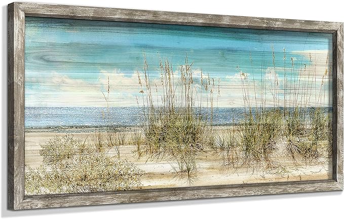 Seascape Framed Wooden Wall Art: Beach Art Prints Ocean Painting Style Artwork Seaside Wall Decor Sand Dunes Picture Coastal Theme Prints for Bedroom 24"x12"