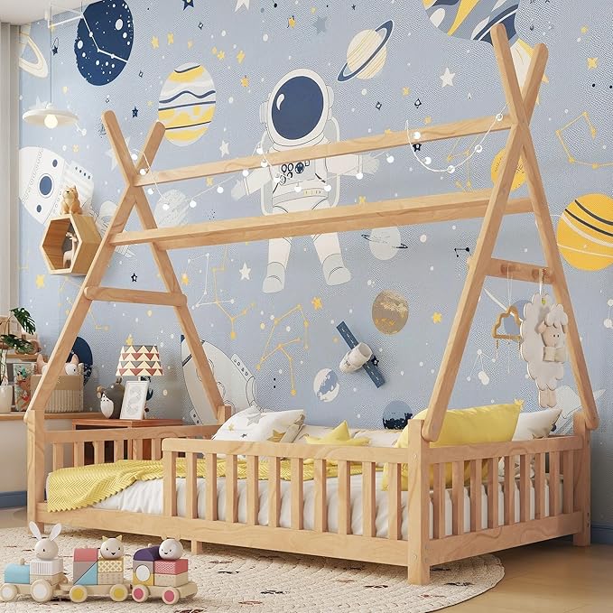 Twin House Bed with Roof & LED Light, Low Profile House Bed with Fence, Safe Guardrails, DIY-Friendly for Boys & Girls, Solid Wood & MDF Construction, No Box Spring Required, Natural