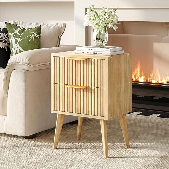 Nightstand with 2 Drawers,Fluted Bedside Table,Natural Wood Night Stand,Light Wood Side Table with Solid Wood Legs,End Table for Living Room,Bedroom,Small Space Natural CTG55Y