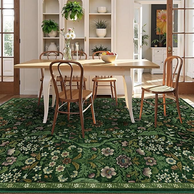 Floral Washable 6x9 Area Rug，Dark Green Boho Rugs for Living Room, Soft Low-Pile Non-Slip Stain Resistant & Non-Shedding Carpet for Bedroom, Dining Room, Office, Entryway, Nursery