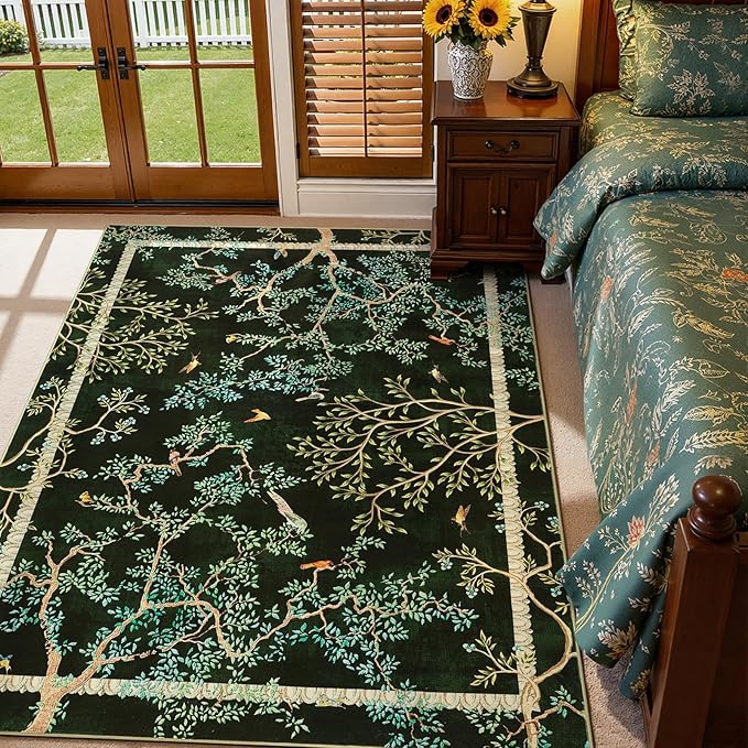 jinchan Yarden Botanical Birds 5x7 Moss Green Christmas Area Rugs for Living Room - Washable Non-Slip Soft Nature Plants Modern Kids Carpet,Vintage Low Pile Indoor Rug for Bedroom Dining Room Nursery
