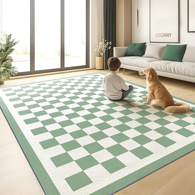 Washable 3x5 Checkered Area Rug, Sage Green Checkerboard Modern Foldable Small Rugs, Ultra-Thin Low Pile Nonslip Indoor Doorway Doormat Carpet Mat for Office Dorm Kitchen Bathroom Entryway Front Door