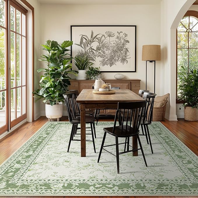 Green Boho 9x12 Rug Living Room Extra Large Washable Non Slip Soft Faux Wool Farmhouse Carpet for Bedroom Dining Room Playroom Cream Beige and Green Peony Lily Aesthetic Pattern Floral Area Rug
