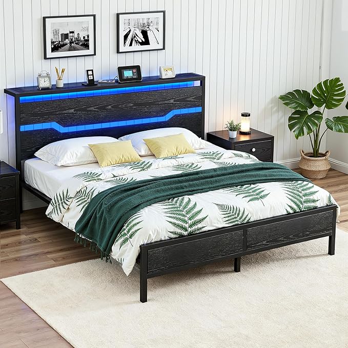 King Size Bed Frame with LED Lights & Charging Station, King Bed Frame and Headboard,13" Under Bed Storage, Noise-Free Heavy Duty Metal Support, Modern Black