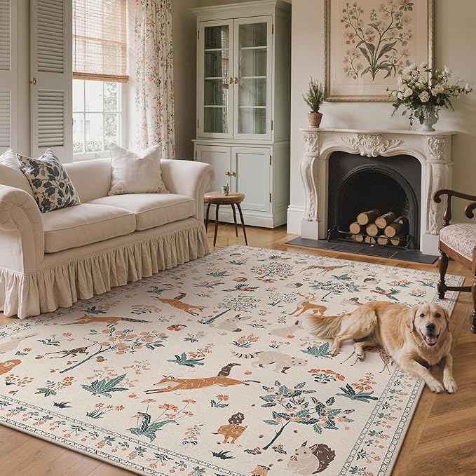 Washable Rugs 8x10 Rug for Living Room, Floral Animal Print Area Rug, Non Slip Low Pile Girl Room Carpet for Bedroom, Dining Room, Nursery, Playroom, Beige