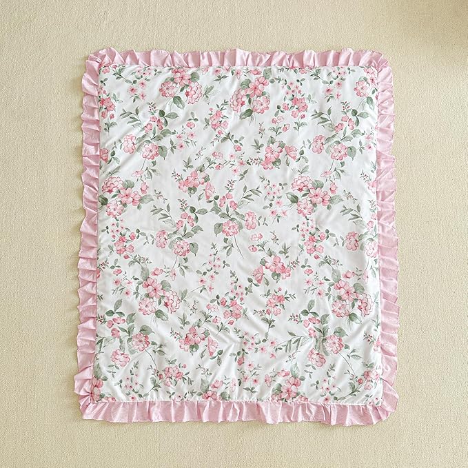 3 Pieces Pink Rose Flowers Crib Bedding Set Baby Ruffled Quilted Comforter with Fitted Sheet and Bed Skirt - Cute Ruffled Shabby Chic Baby Girls Bedding Soft Blanket Floral Design
