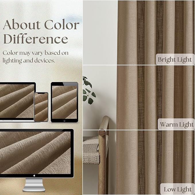 Extra Long Light Brown Linen Curtains 120 Inches Long Tan Brown Coffee Latte Farmhouse Rustic Curtain Light Filtering Semi Sheer Back Tab Pinch Pleat Curtain for Tall Ceiling Living Room 2 Panels