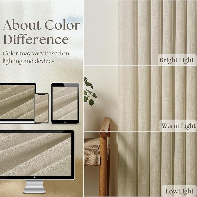 108 Inch Linen Curtains 2 Panels Set Pinch Pleated for Living Room Bedroom Memory Training Shaped Semi Sheer Neutral Beige Tan Flax Burlap Pleat Drapes Hooks Rings Light Filtering Window Curtain