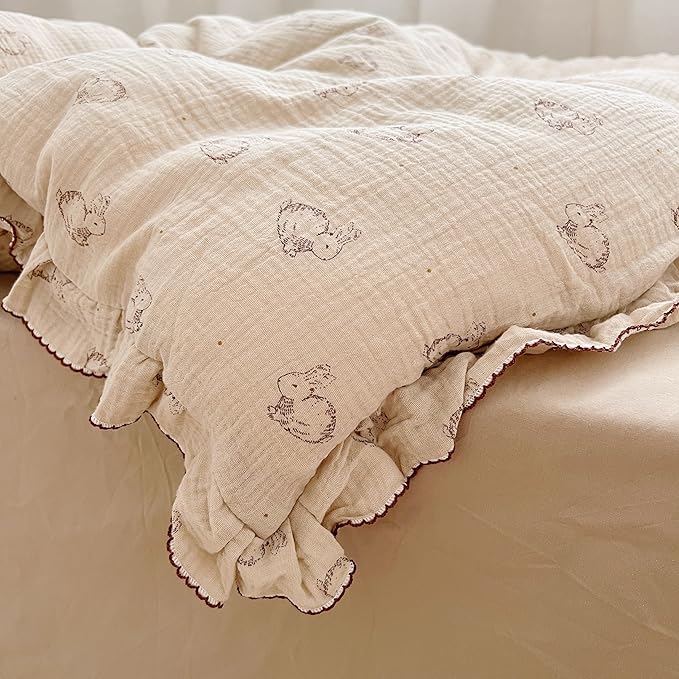 AOJIM Muslin Cotton Kids Duvet Cover with Ruffled Edges for Boys Girls, 1 Piece Soft Pure Cotton Comforter Cover Twin Size 68X86'', Rabbit Kids Bedding Duvet Cover for Room Decor, No Quilt/Pillow