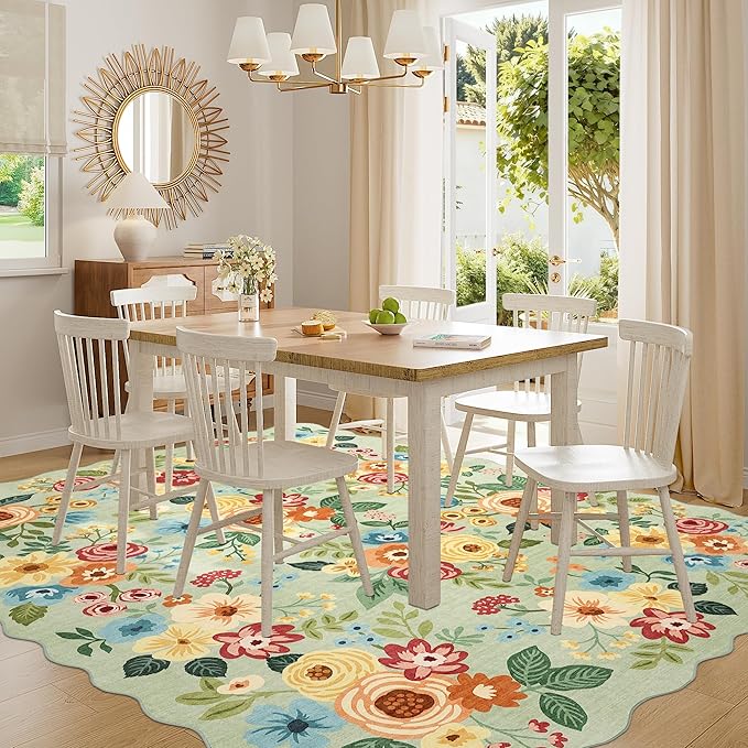 DUKINO 8x10 Area Rug, Floral Washable Rugs for Living Room with Non Slip Backing & Non-Shedding, Lightwight Low Pile Boho Design Large Carpets for Bedroom, Living Room, Dining Room, Green
