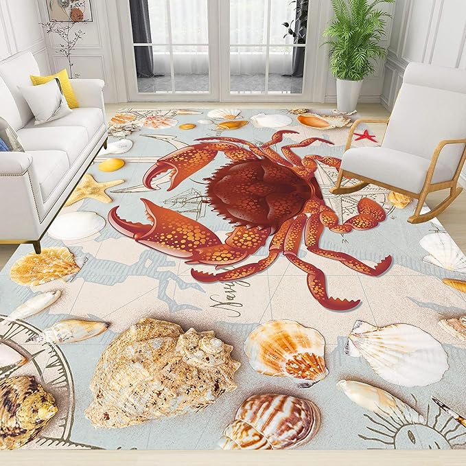 Nautical Theme Area Carpets, 5x8ft, Ocean Crab Shell Floor Rugs, Vintage Compass Anchor Printed Carpets, Machine Washable Foldable Easy-Clean Mats for Dining Room Runners