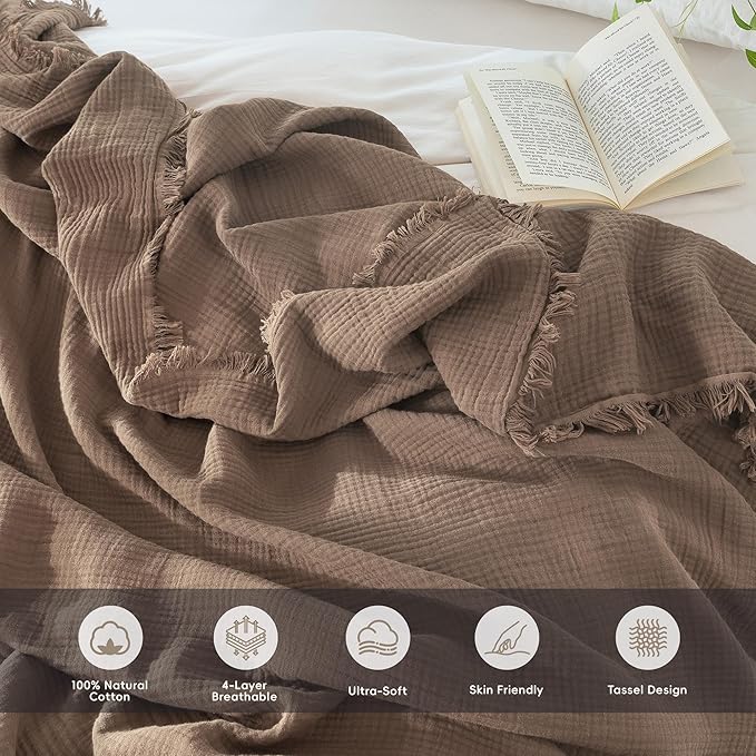 MooMee Muslin Blanket - 100% Cotton 4-Layer Gauze Throw Blanket with Tassels Ultra-Soft Breathable Lightweight Cooling for Bed Couch (Brown,King 104" x 90")