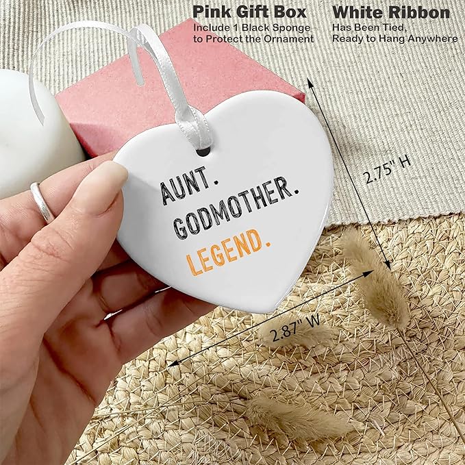 Heart Shaped Christmas Ornament-Aunt Godmother Legend Gift-Appreciation Keepsake for Mother’s Day Baptism Baby Shower Thank You Present-Ceramic Plaque Ornament